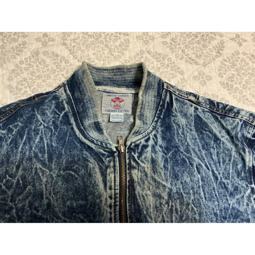 VTG Chemin de Fer Womens S Acid Wash Denim Bomber Jacket Zipper Pockets Ribbed - Picture 3 of 8